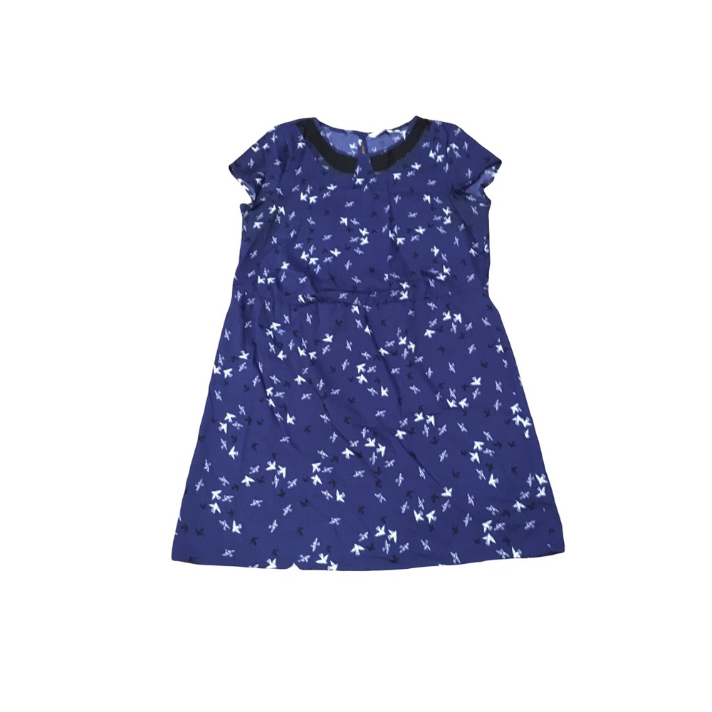 Neuw look sz 12 Navy blue White & Black birds Dress light mesh round collar